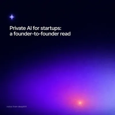 The same title card cropped square for the blog index: "Private AI for startups: a founder-to-founder read" with the sparkle icon