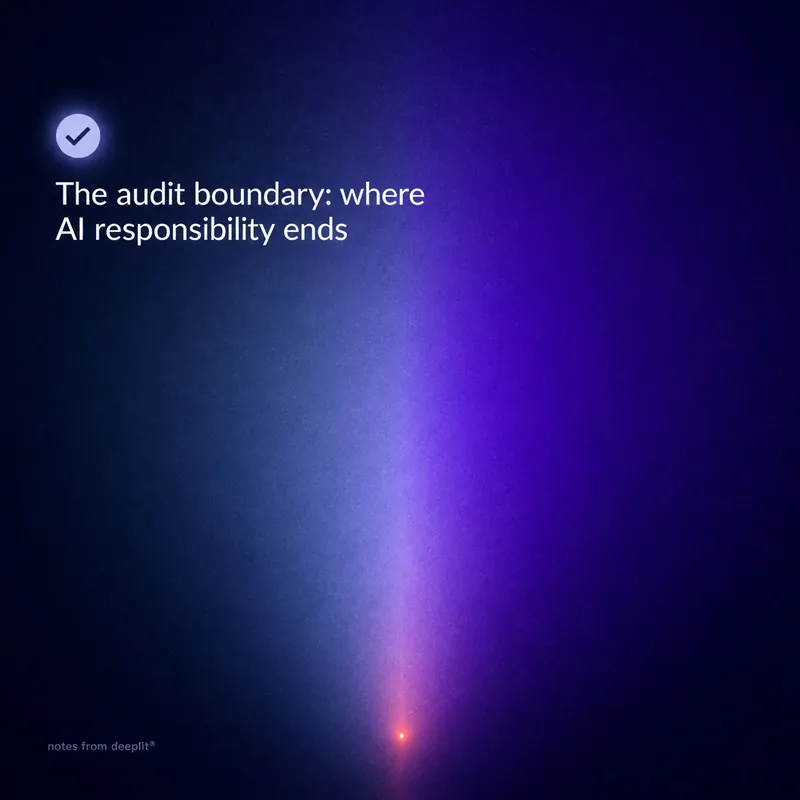 The same title card cropped square for the blog index: "The audit boundary: where AI responsibility ends" with the circled checkmark icon
